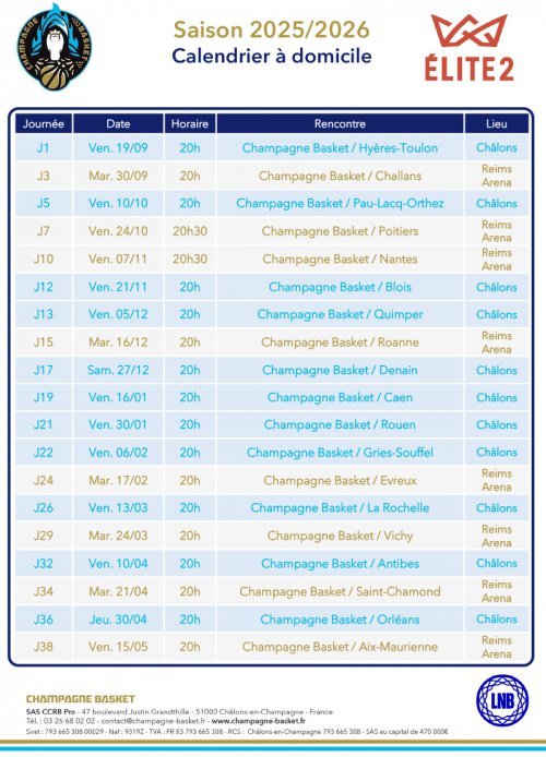 Calendrier des matchs a domicile champagne basket saison 2023/2024