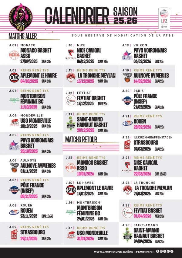 Calendrier des matchs a domicile Les Pétillantes Reims saison 2025/2026